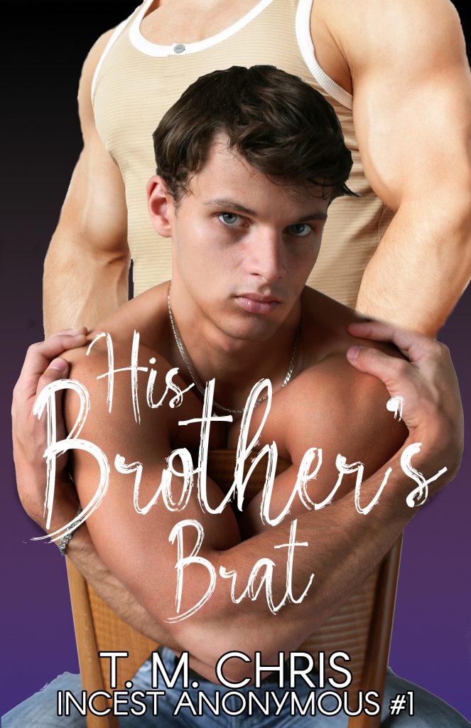 Cover for His Brother's Brat by T. M. Chris shows a young man seated with a muscular man standing behind him
