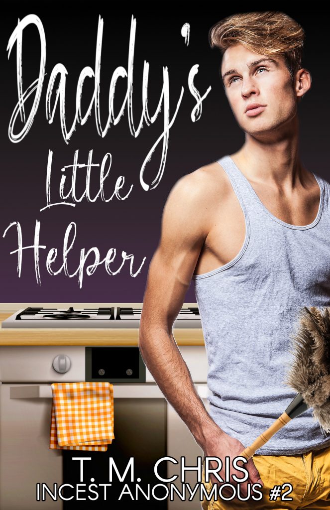 Cover for Daddy's Little Helper by T. M. Chris shows a young man holding a feather duster standing in front of a stove